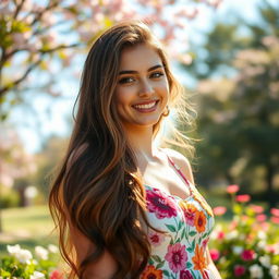 A portrait of a young woman with long, flowing hair, standing in a sunlit park