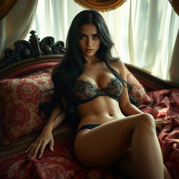 A stunningly beautiful woman lounging gracefully in a lavish, opulent bedroom