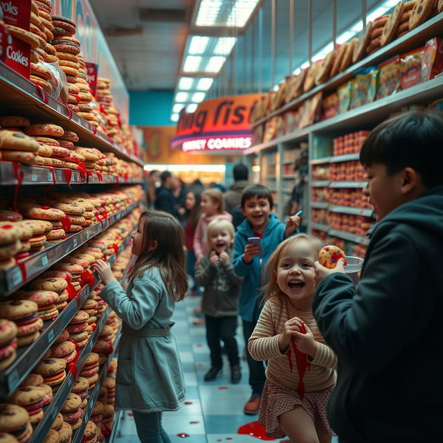 A surreal scene of cookie shelves in a vibrant store