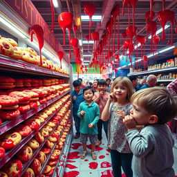 A surreal scene of cookie shelves in a vibrant store