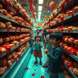 A surreal scene of cookie shelves in a vibrant store