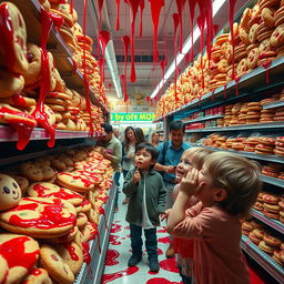 A surreal scene of cookie shelves in a vibrant store