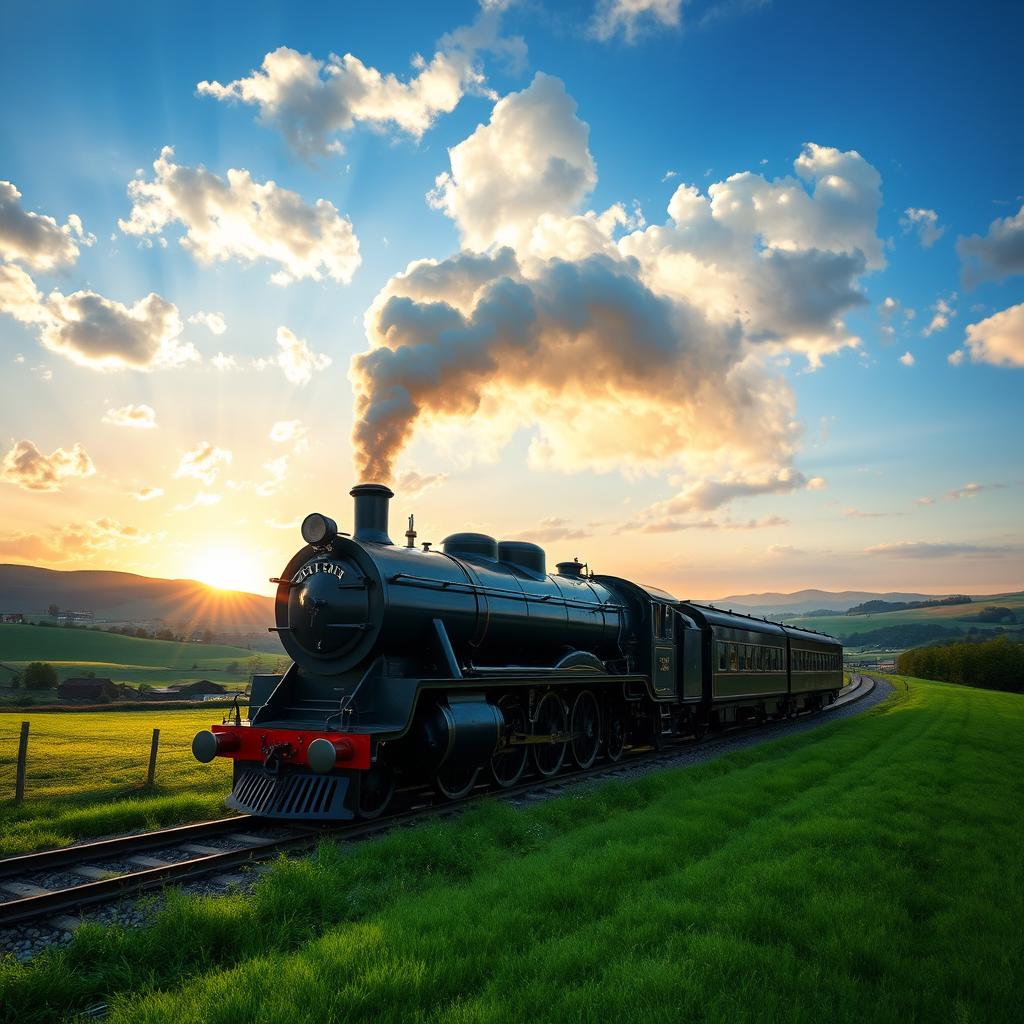 A sleek, powerful black steam train chugging along a scenic countryside track