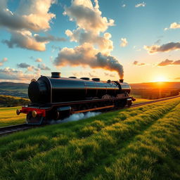 A sleek, powerful black steam train chugging along a scenic countryside track