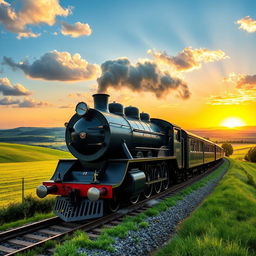 A sleek, powerful black steam train chugging along a scenic countryside track