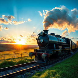 A sleek, powerful black steam train chugging along a scenic countryside track