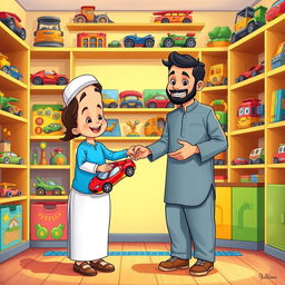 A cheerful and colorful room filled with vibrant shelves stocked with various toy cars and puzzles