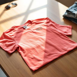A freshly ironed T-shirt, showcasing a smooth and crisp fabric, lying flat on a wooden table
