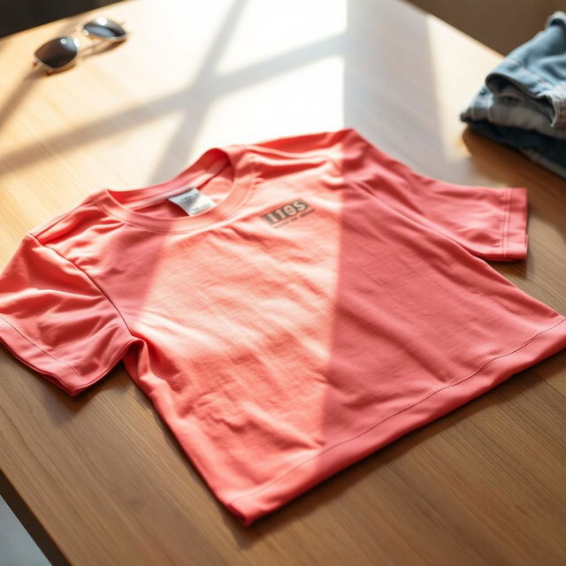 A freshly ironed T-shirt, showcasing a smooth and crisp fabric, lying flat on a wooden table