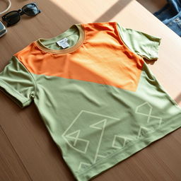 A freshly ironed T-shirt, showcasing a smooth and crisp fabric, lying flat on a wooden table