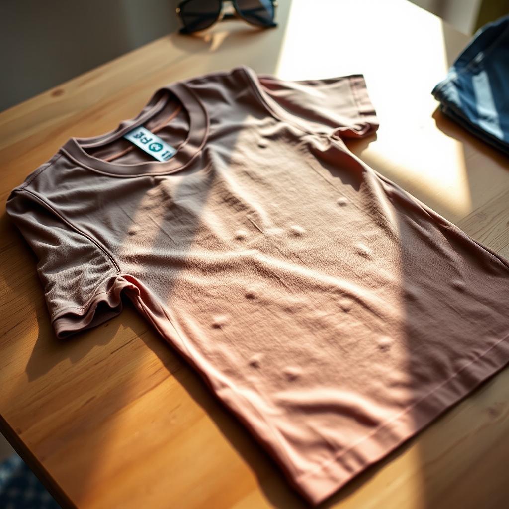 A freshly ironed T-shirt, showcasing a smooth and crisp fabric, lying flat on a wooden table