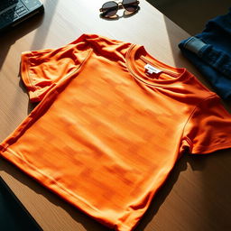 A freshly ironed T-shirt, showcasing a smooth and crisp fabric, lying flat on a wooden table