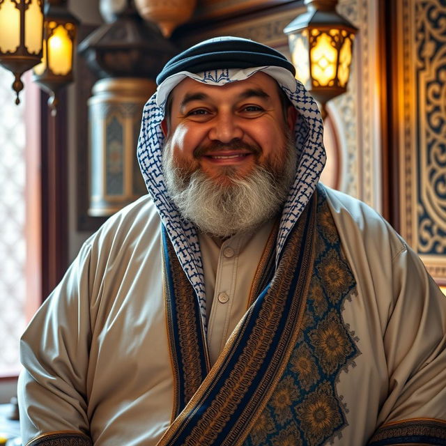 A fat, chubby, handsome older Arab man wearing a traditional thawb