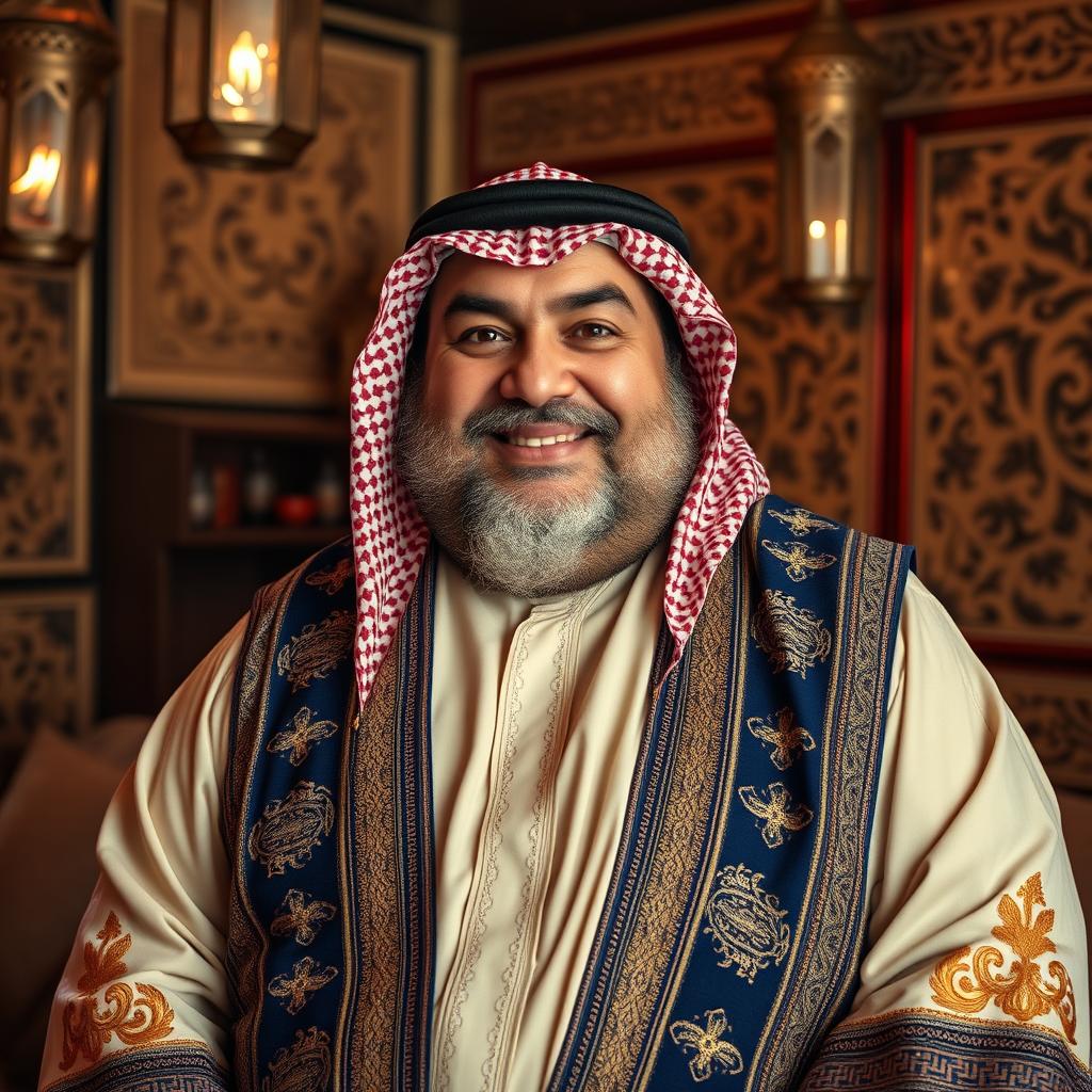 A fat, chubby, handsome older Arab man wearing a traditional thawb