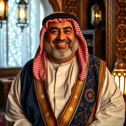 A fat, chubby, handsome older Arab man wearing a traditional thawb