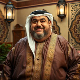 A fat, chubby, handsome older Arab man wearing a traditional thawb