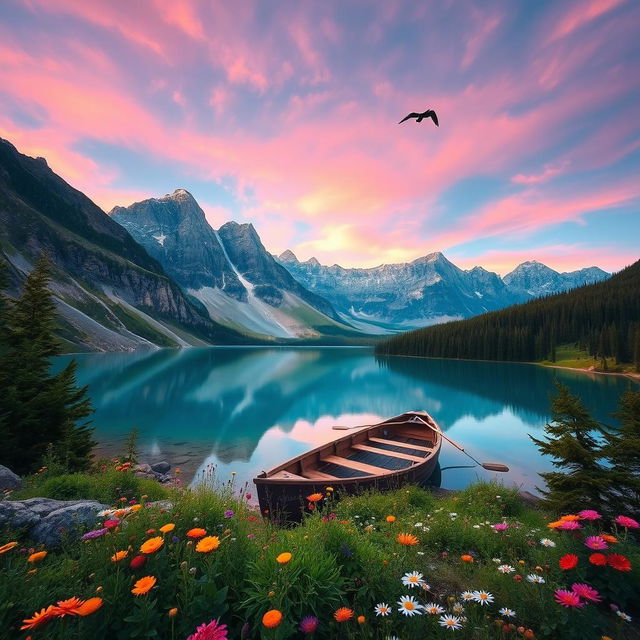 A breathtaking landscape featuring a serene mountain view at sunrise, with a crystal-clear lake reflecting the vibrant pastel sky, surrounded by lush greenery and colorful wildflowers in the foreground