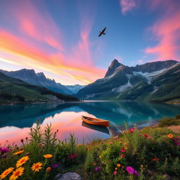 A breathtaking landscape featuring a serene mountain view at sunrise, with a crystal-clear lake reflecting the vibrant pastel sky, surrounded by lush greenery and colorful wildflowers in the foreground
