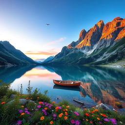 A breathtaking landscape featuring a serene mountain view at sunrise, with a crystal-clear lake reflecting the vibrant pastel sky, surrounded by lush greenery and colorful wildflowers in the foreground