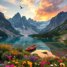 A breathtaking landscape featuring a serene mountain view at sunrise, with a crystal-clear lake reflecting the vibrant pastel sky, surrounded by lush greenery and colorful wildflowers in the foreground