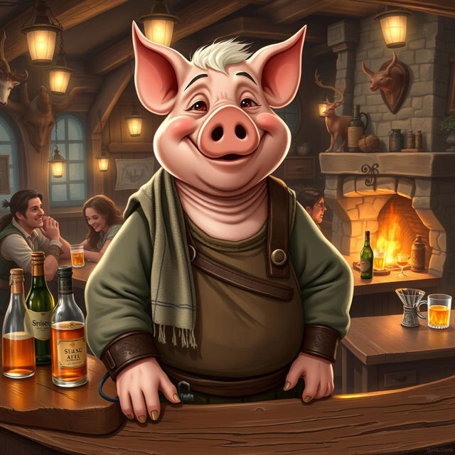 A jovial pig tavern keeper character for a Dungeons and Dragons setting, standing behind a rustic wooden bar filled with various bottles of ale and spirits