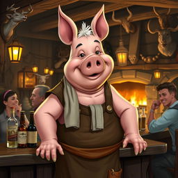 A jovial pig tavern keeper character for a Dungeons and Dragons setting, standing behind a rustic wooden bar filled with various bottles of ale and spirits