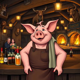 A jovial pig tavern keeper character for a Dungeons and Dragons setting, standing behind a rustic wooden bar filled with various bottles of ale and spirits