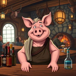 A jovial pig tavern keeper character for a Dungeons and Dragons setting, standing behind a rustic wooden bar filled with various bottles of ale and spirits
