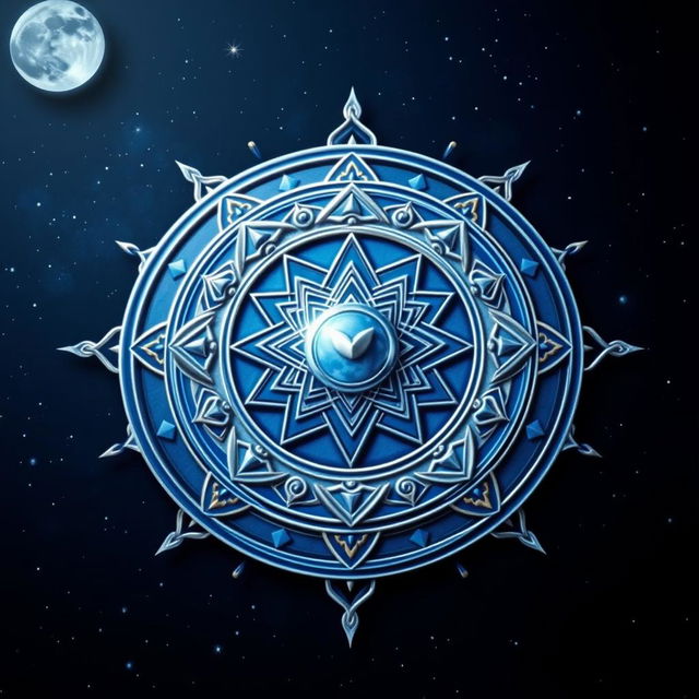 A beautiful and intricate depiction of a Chandra Yantra, featuring its geometric shapes and sacred symbols, rendered in vibrant colors like deep blues, silvers, and white to represent the moon