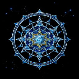 A beautiful and intricate depiction of a Chandra Yantra, featuring its geometric shapes and sacred symbols, rendered in vibrant colors like deep blues, silvers, and white to represent the moon
