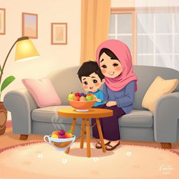 A cozy living room filled with warmth, featuring a mother wearing a pink hijab, lovingly seated on a plush couch