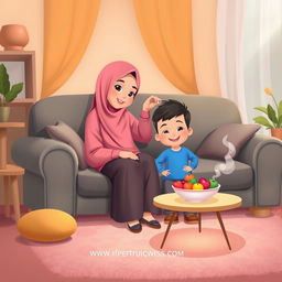 A cozy living room filled with warmth, featuring a mother wearing a pink hijab, lovingly seated on a plush couch