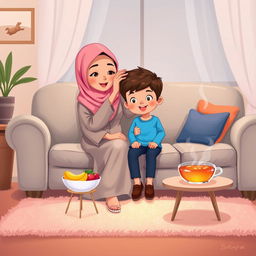 A cozy living room filled with warmth, featuring a mother wearing a pink hijab, lovingly seated on a plush couch