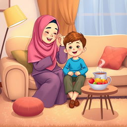 A cozy living room filled with warmth, featuring a mother wearing a pink hijab, lovingly seated on a plush couch