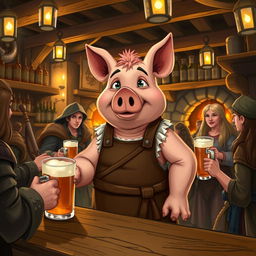 A charming pig tavern keeper character in a bustling medieval tavern setting, wearing a rustic apron and a waistcoat, with a jovial expression
