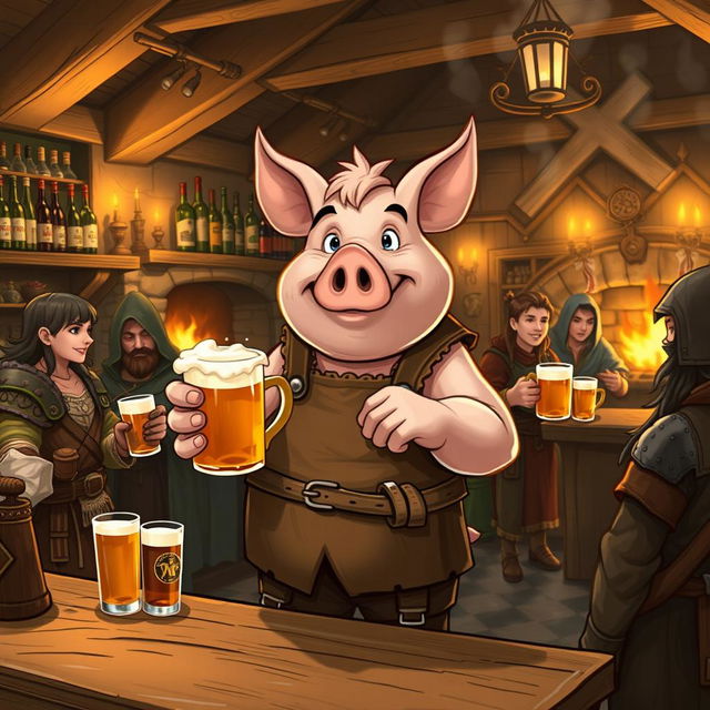 A charming pig tavern keeper character in a bustling medieval tavern setting, wearing a rustic apron and a waistcoat, with a jovial expression