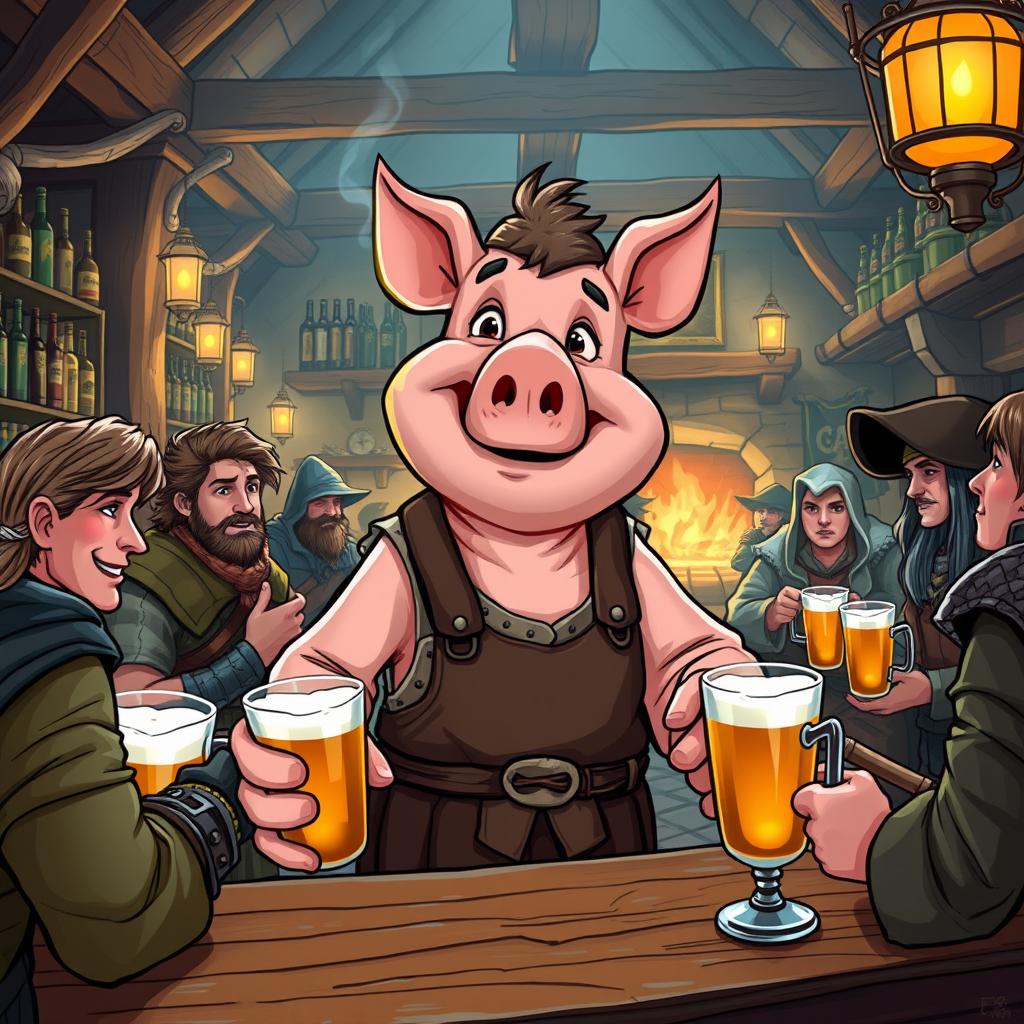 A charming pig tavern keeper character in a bustling medieval tavern setting, wearing a rustic apron and a waistcoat, with a jovial expression