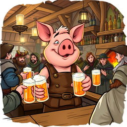A charming pig tavern keeper character in a bustling medieval tavern setting, wearing a rustic apron and a waistcoat, with a jovial expression