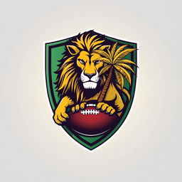 A football shield design featuring a majestic lion and a vibrant palm tree, both artistically integrated with a football