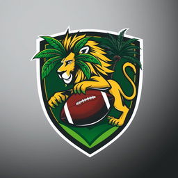 A football shield design featuring a majestic lion and a vibrant palm tree, both artistically integrated with a football