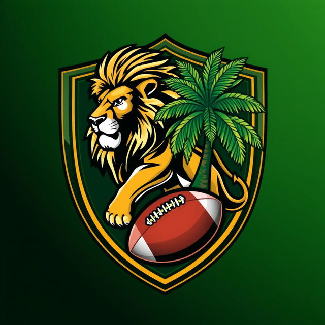 A football shield design featuring a majestic lion and a vibrant palm tree, both artistically integrated with a football