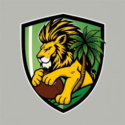 A football shield design featuring a majestic lion and a vibrant palm tree, both artistically integrated with a football