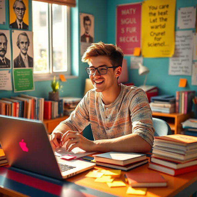 A vibrant, energetic student sitting at a colorful desk, surrounded by books and a laptop