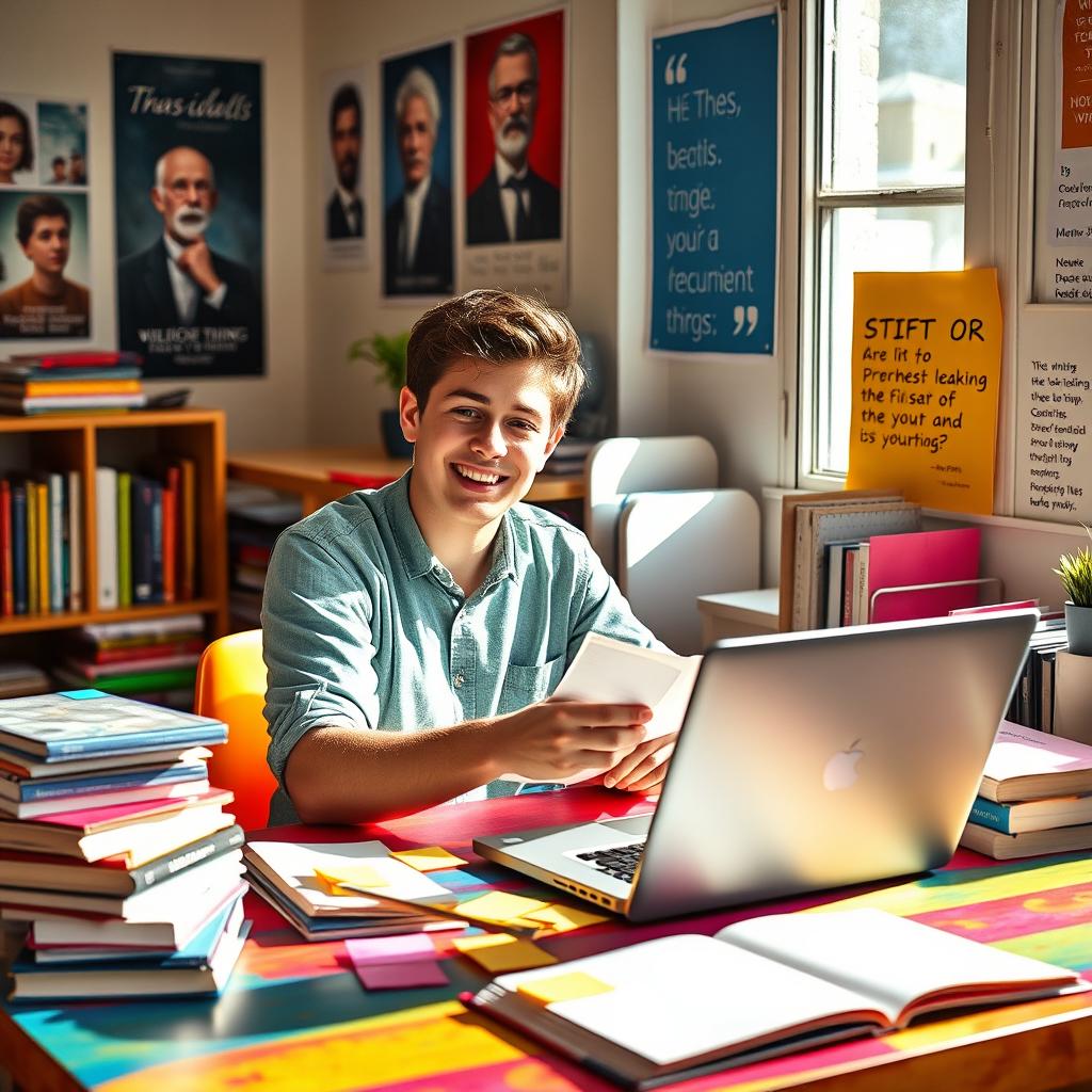 A vibrant, energetic student sitting at a colorful desk, surrounded by books and a laptop