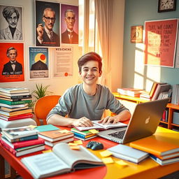 A vibrant, energetic student sitting at a colorful desk, surrounded by books and a laptop