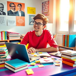 A vibrant, energetic student sitting at a colorful desk, surrounded by books and a laptop