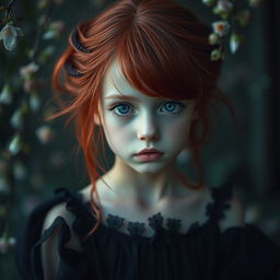 A girl with striking red hair, having one blue eye and one black eye, wearing a beautiful black dress