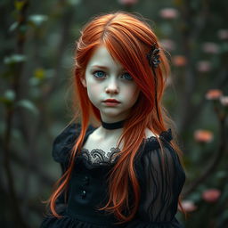 A girl with striking red hair, having one blue eye and one black eye, wearing a beautiful black dress
