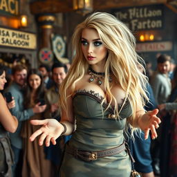 A photograph depicting a lively medieval scene featuring an attractive young woman with a thin face and very long, disheveled blond hair