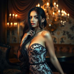 A stunning artistic portrayal of a beautiful woman with long dark hair, portrayed in a luxurious setting that reflects opulence, styled to resemble a celebrated personality